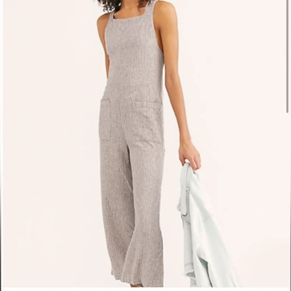 FREE PEOPLE ‘Off The Shore’ Linen Blend Striped Wide Leg Jumpsuit Women’s Size 2 - Picture 2 of 12